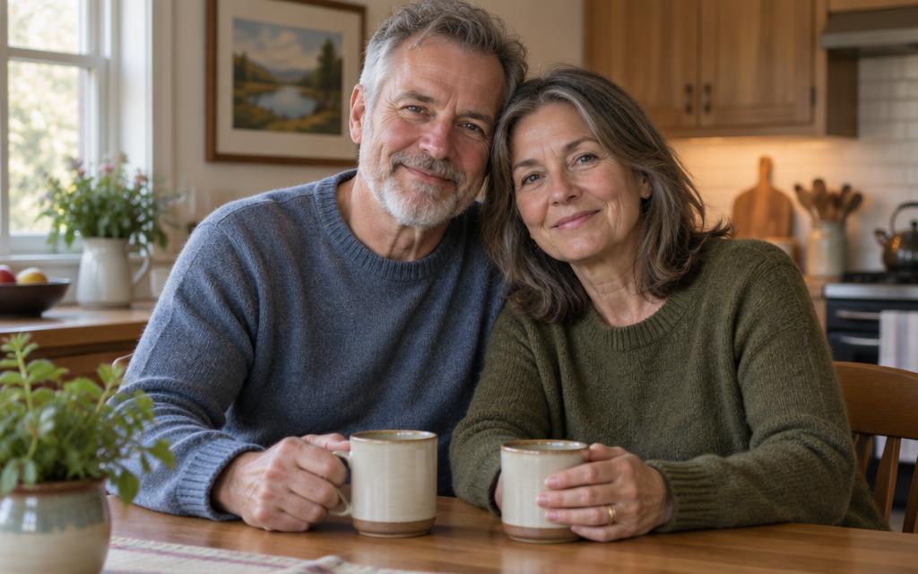 A married couple sitting close together at the kitchen table in their home